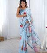 Chiffon digital print scallped border foil mirror work saree