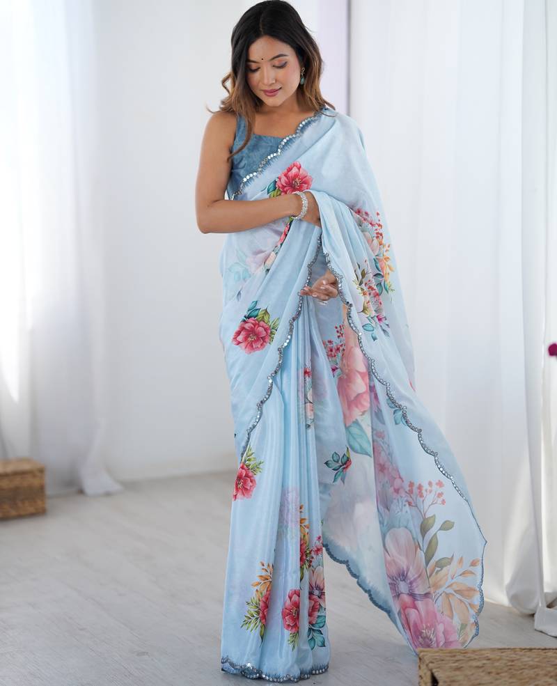 Chiffon digital print scallped border foil mirror work saree