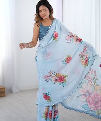 Chiffon digital print scallped border foil mirror work saree 2