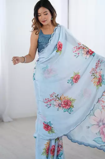 Chiffon digital print scallped border foil mirror work saree