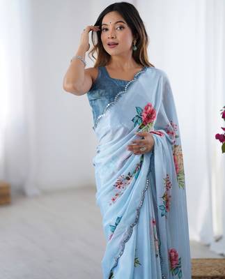Chiffon digital print scallped border foil mirror work saree 3