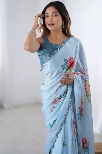 Chiffon digital print scallped border foil mirror work saree
