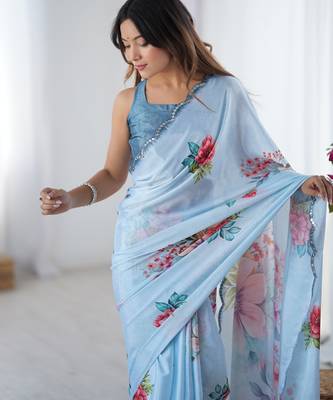 Chiffon digital print scallped border foil mirror work saree 4