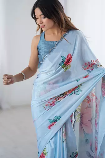 Chiffon digital print scallped border foil mirror work saree