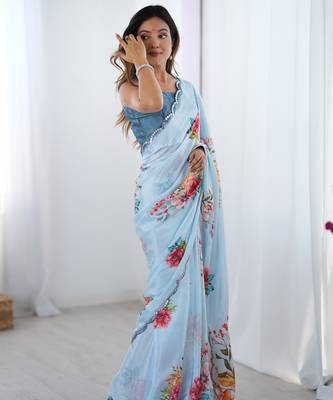 Chiffon digital print scallped border foil mirror work saree 5