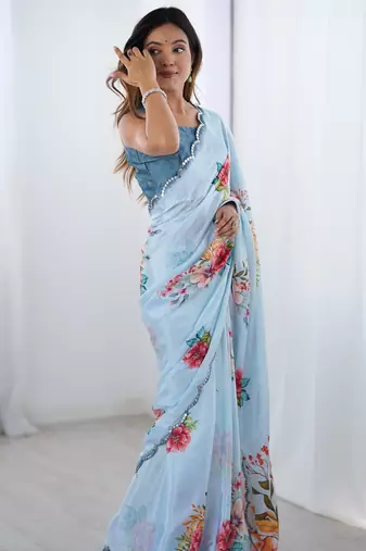 Chiffon digital print scallped border foil mirror work saree