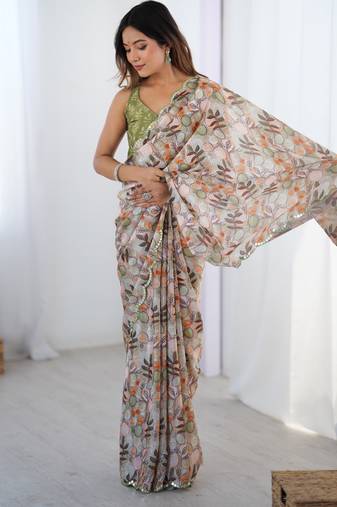 Chiffon digital print scallped border foil mirror work saree