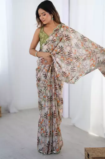 Chiffon digital print scallped border foil mirror work saree