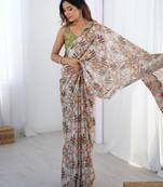 Chiffon digital print scallped border foil mirror work saree