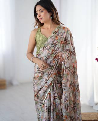 Chiffon digital print scallped border foil mirror work saree 2