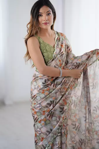Chiffon digital print scallped border foil mirror work saree