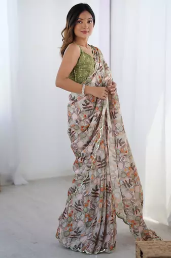 Chiffon digital print scallped border foil mirror work saree