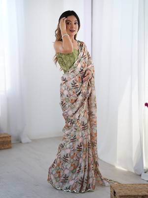 Chiffon digital print scallped border foil mirror work saree 5