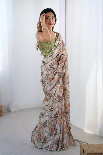 Chiffon digital print scallped border foil mirror work saree
