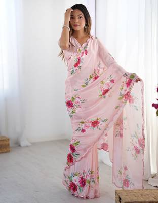 Chiffon digital print scallped border foil mirror work saree 1