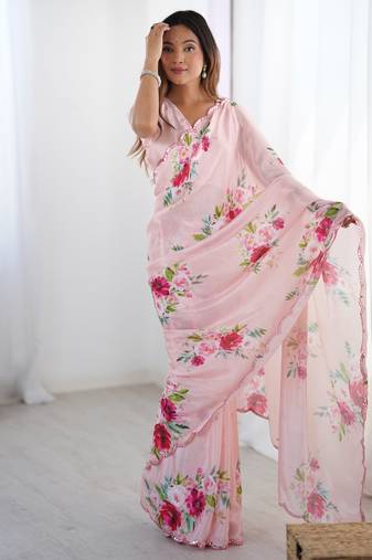 Chiffon digital print scallped border foil mirror work saree