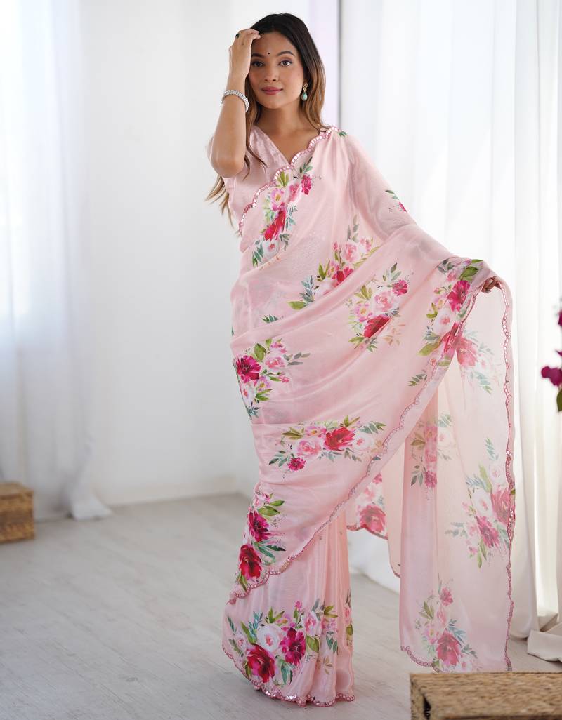 Chiffon digital print scallped border foil mirror work saree