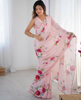 Chiffon digital print scallped border foil mirror work saree 2