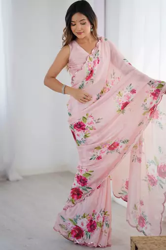 Chiffon digital print scallped border foil mirror work saree