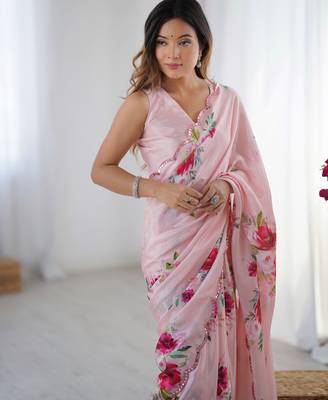 Chiffon digital print scallped border foil mirror work saree 3
