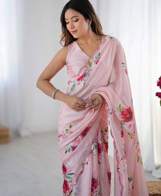 Chiffon digital print scallped border foil mirror work saree 4