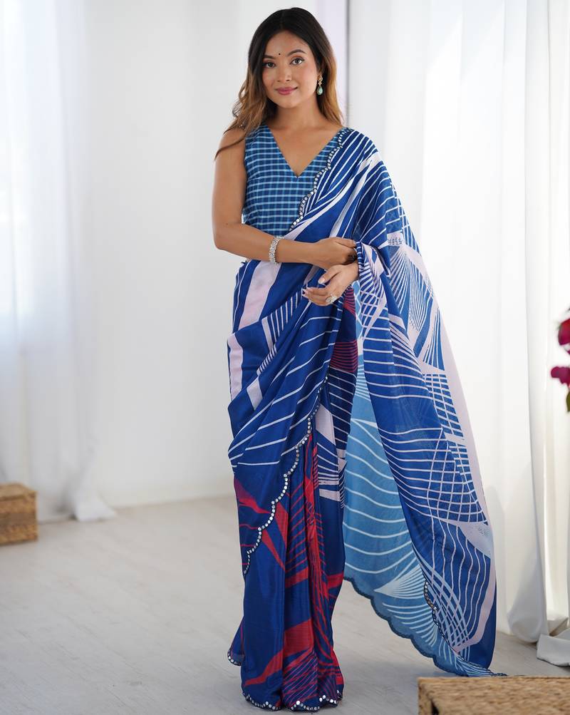 Chiffon digital print scallped border foil mirror work saree