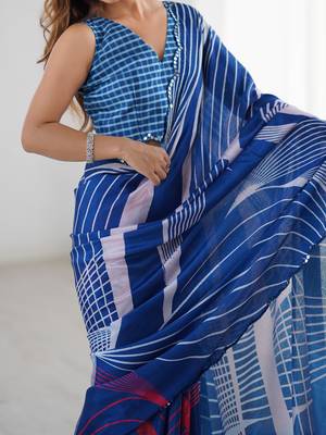 Chiffon digital print scallped border foil mirror work saree 5