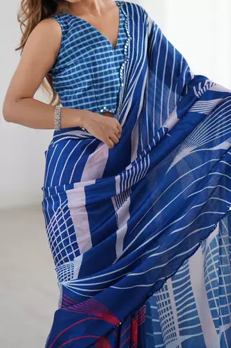 Chiffon digital print scallped border foil mirror work saree