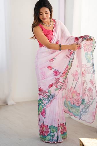 Chiffon digital print scallped border foil mirror work saree