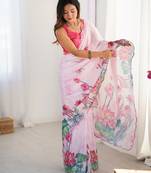 Chiffon digital print scallped border foil mirror work saree