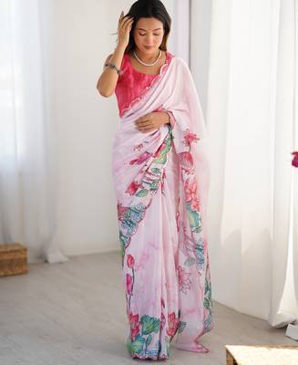 Chiffon digital print scallped border foil mirror work saree 2