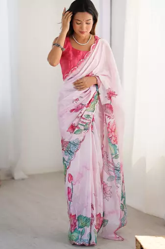 Chiffon digital print scallped border foil mirror work saree