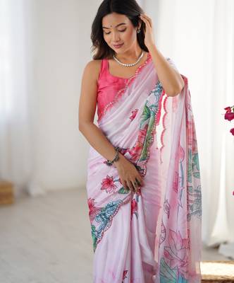 Chiffon digital print scallped border foil mirror work saree 3