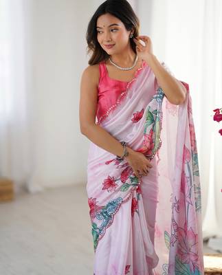 Chiffon digital print scallped border foil mirror work saree 4