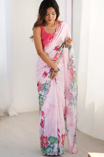 Chiffon digital print scallped border foil mirror work saree