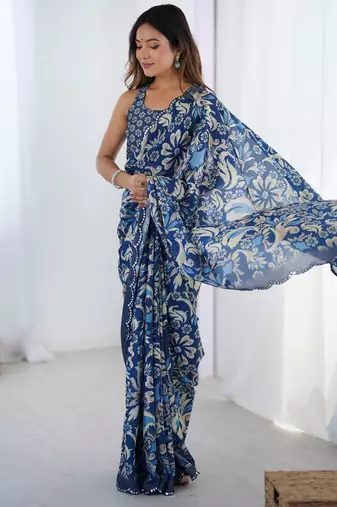 Chiffon digital print scallped border foil mirror work saree