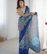 Chiffon digital print scallped border foil mirror work saree