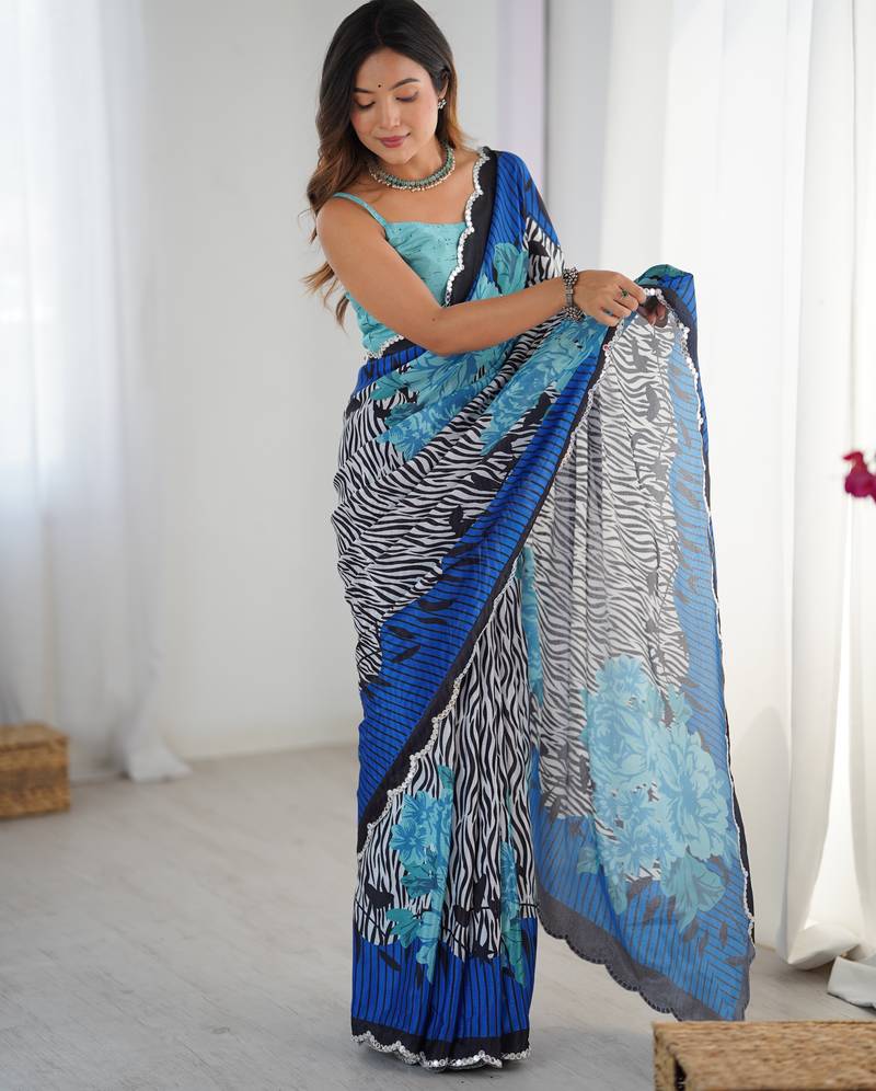 Chiffon digital print scallped border foil mirror work saree