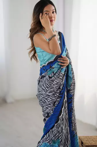 Chiffon digital print scallped border foil mirror work saree