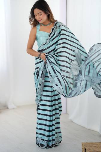 Chiffon digital print scallped border foil mirror work saree