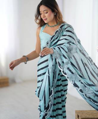 Chiffon digital print scallped border foil mirror work saree 2