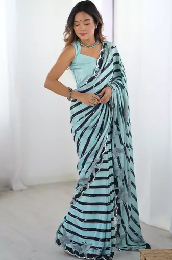 Chiffon digital print scallped border foil mirror work saree