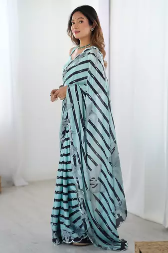 Chiffon digital print scallped border foil mirror work saree