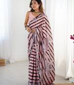Chiffon digital print scallped border foil mirror work saree