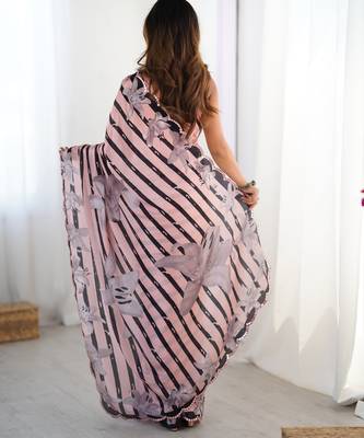 Chiffon digital print scallped border foil mirror work saree 5