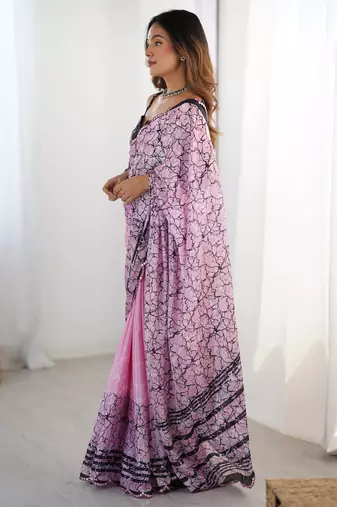 Chiffon digital print scallped border foil mirror work saree