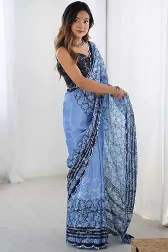 Chiffon digital print scallped border foil mirror work saree