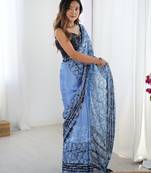Chiffon digital print scallped border foil mirror work saree