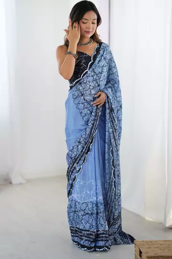 Chiffon digital print scallped border foil mirror work saree