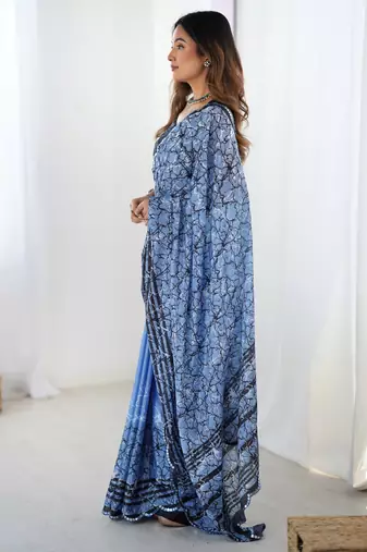 Chiffon digital print scallped border foil mirror work saree